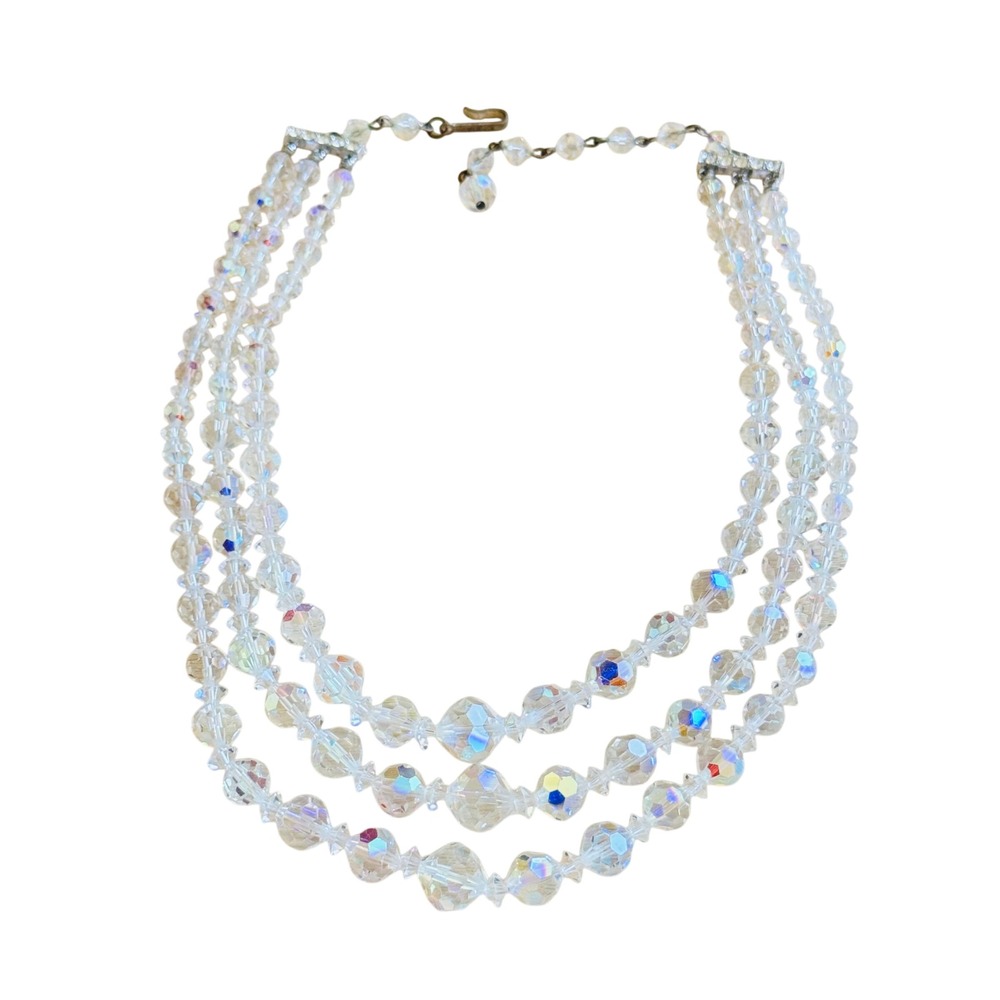 Laguna Signed Crystal Beaded Necklace Aurora Borealis Faceted Triple Multi VTG